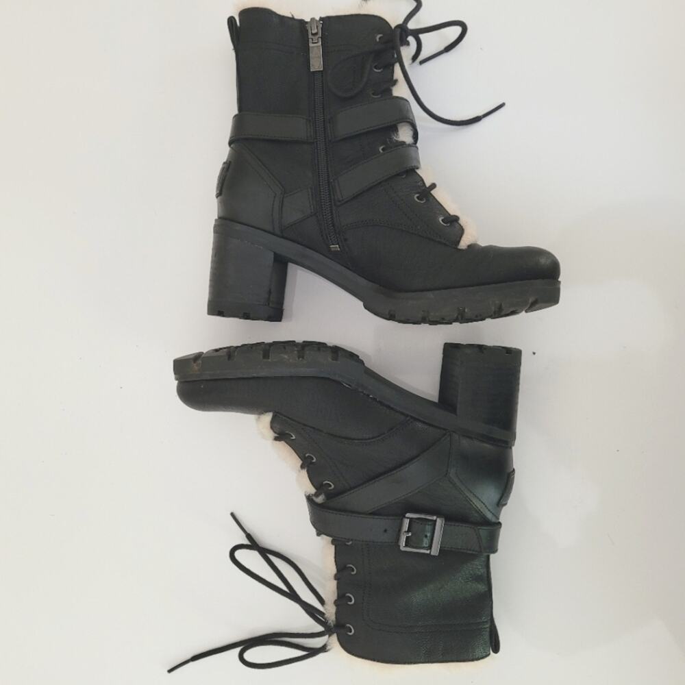 UGG "Ingrid" Black Leather Shearling Lug Soled Lace-Up Moto Combat Biker Boots-7 - Picture 6 of 14